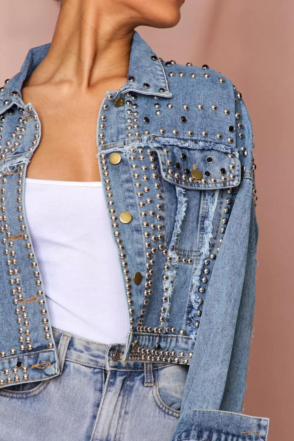 studded oversized boxy denim jacket | Misspap UK